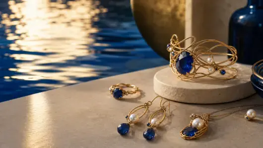 Joyas artesanales de la colecci&oacute;n Horizontes en azul zafiro, oro y perlas